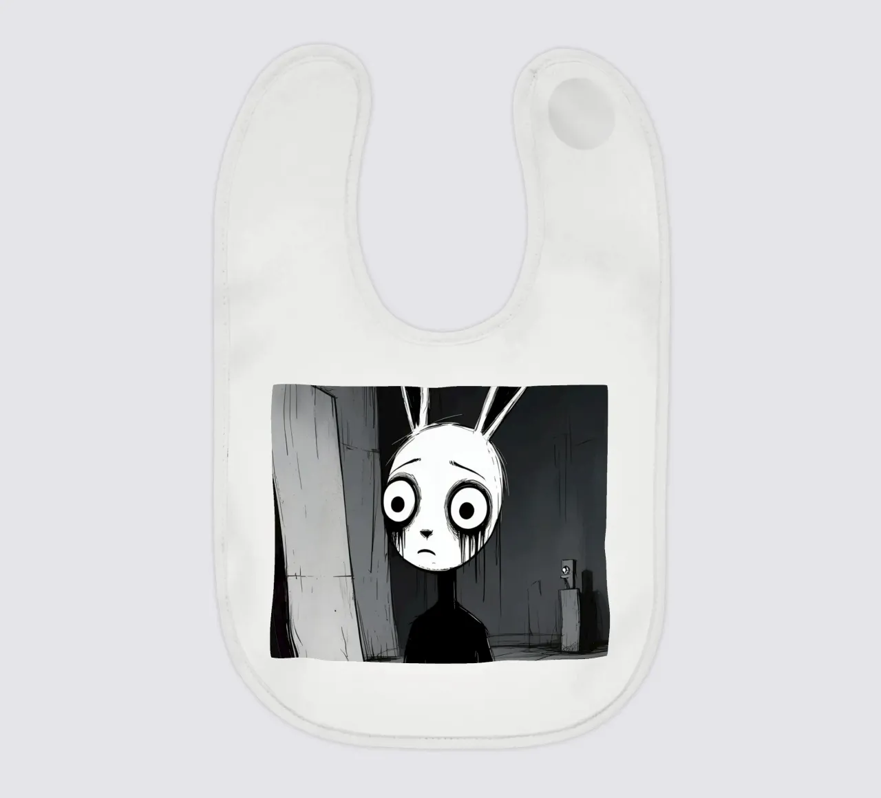 Orecchie di coniglio tristi e occhi afflitti in un ambiente buio bavaglino da DesignDoodle