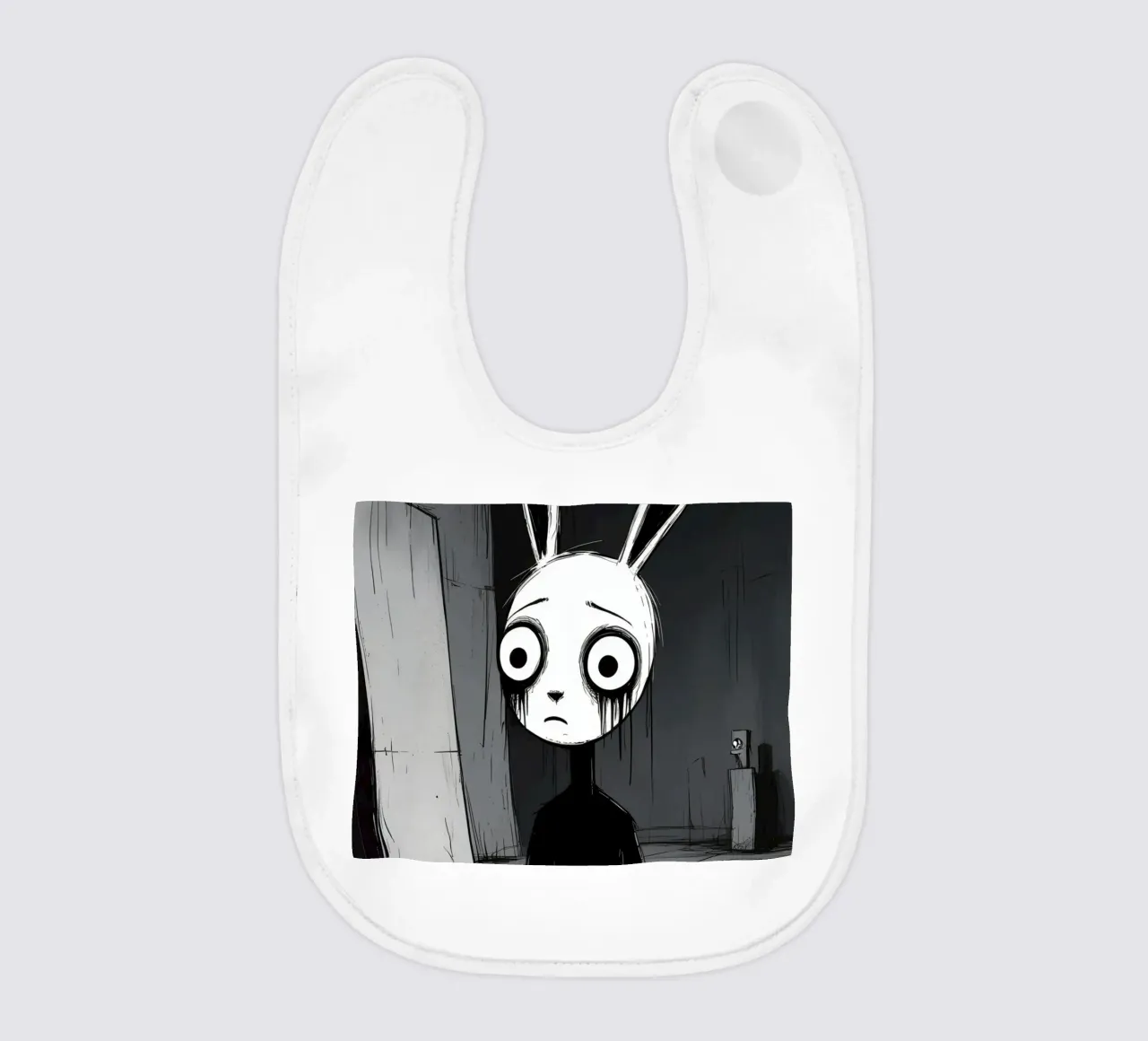 Orecchie di coniglio tristi e occhi afflitti in un ambiente buio bavaglino da DesignDoodle