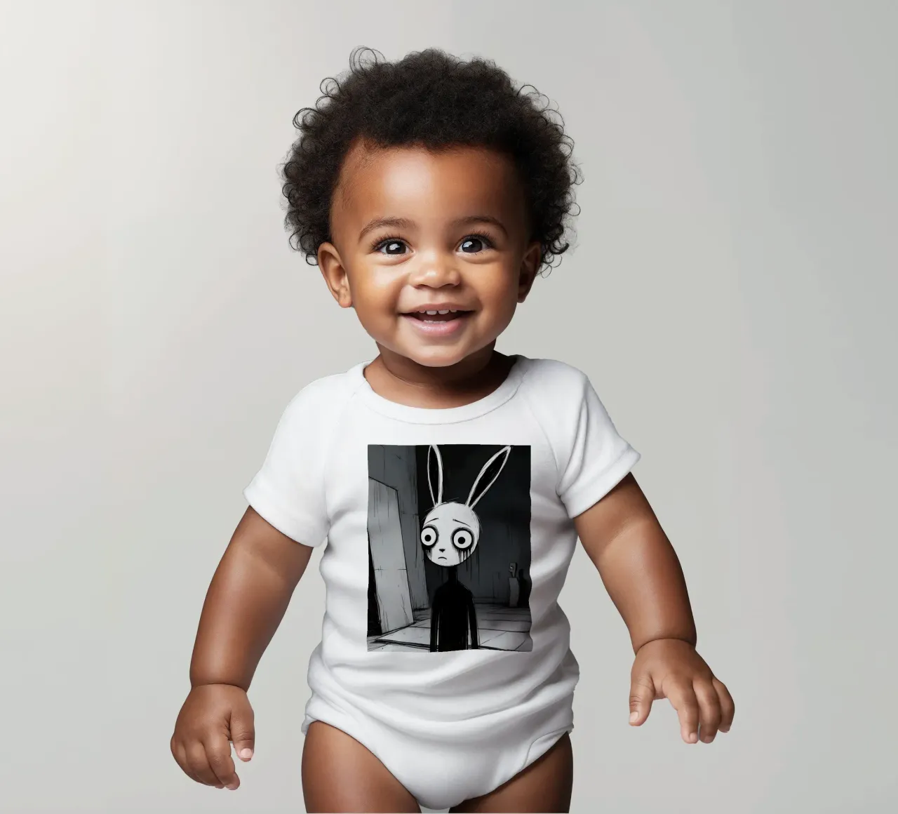 Orecchie di coniglio tristi e occhi afflitti in un ambiente buio body neonato maniche corte da DesignDoodle