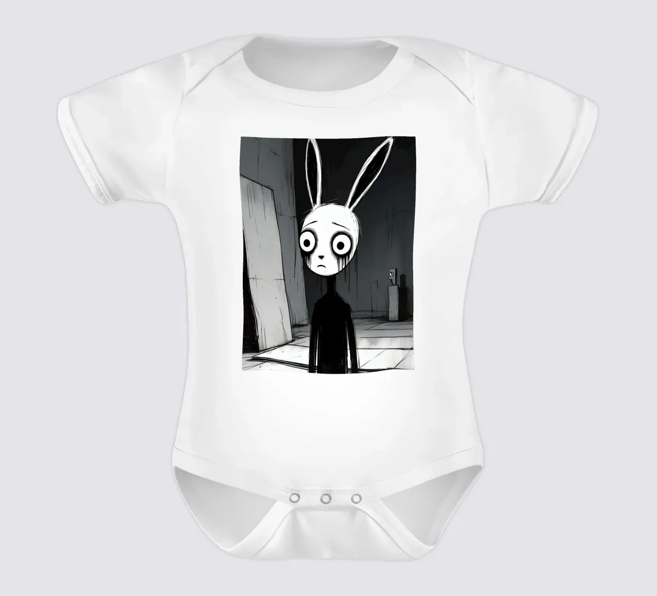 Orecchie di coniglio tristi e occhi afflitti in un ambiente buio body neonato maniche corte da DesignDoodle