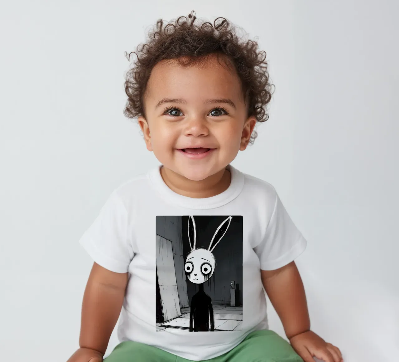 Orecchie di coniglio tristi e occhi afflitti in un ambiente buio maglietta neonato da DesignDoodle