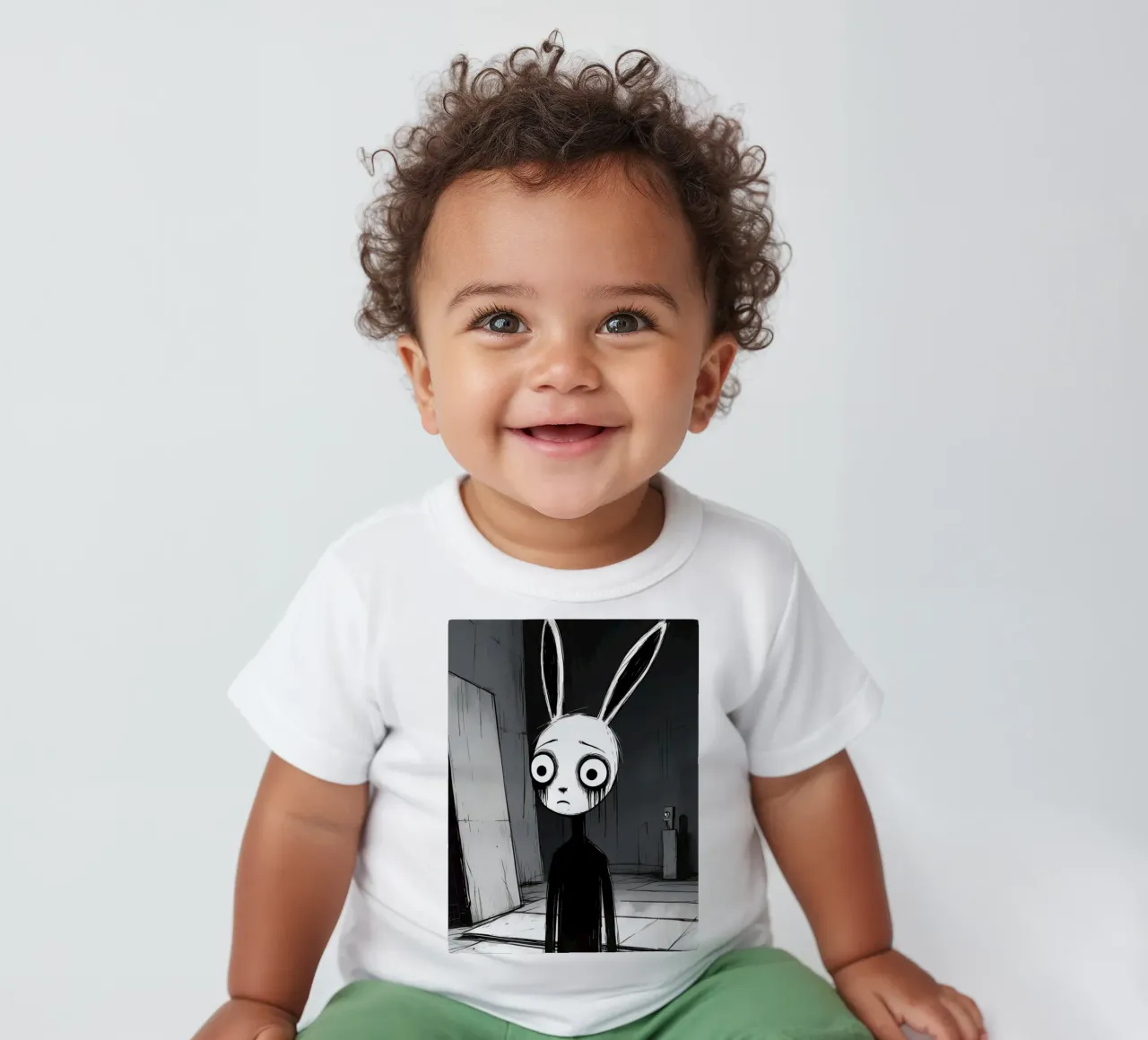 Orecchie di coniglio tristi e occhi afflitti in un ambiente buio maglietta neonato da DesignDoodle