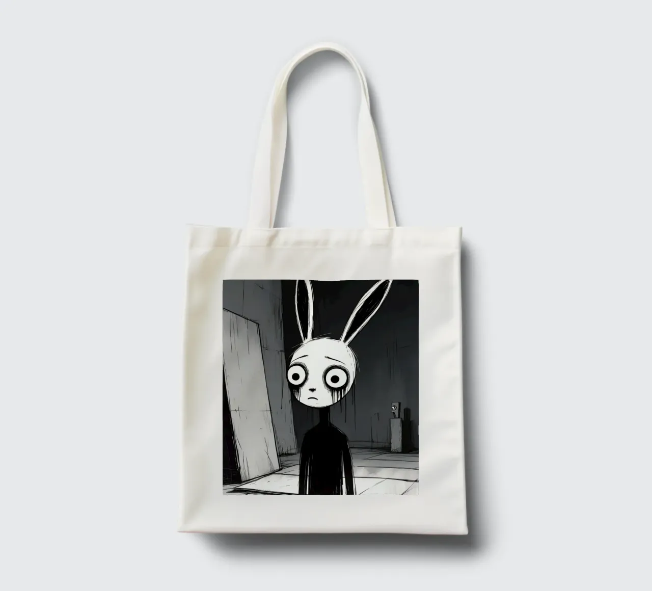 Orecchie di coniglio tristi e occhi afflitti in un ambiente buio borsa in juta da DesignDoodle