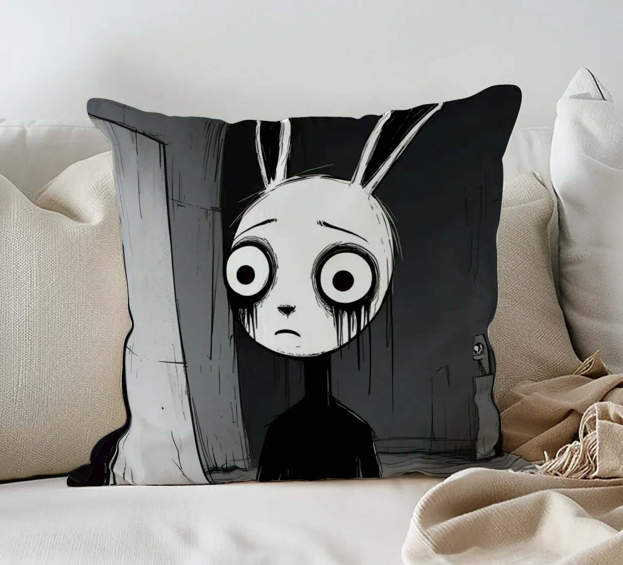 Orecchie di coniglio tristi e occhi afflitti in un ambiente buio cuscino da DesignDoodle