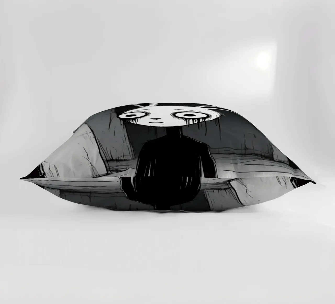 Orecchie di coniglio tristi e occhi afflitti in un ambiente buio cuscino da DesignDoodle