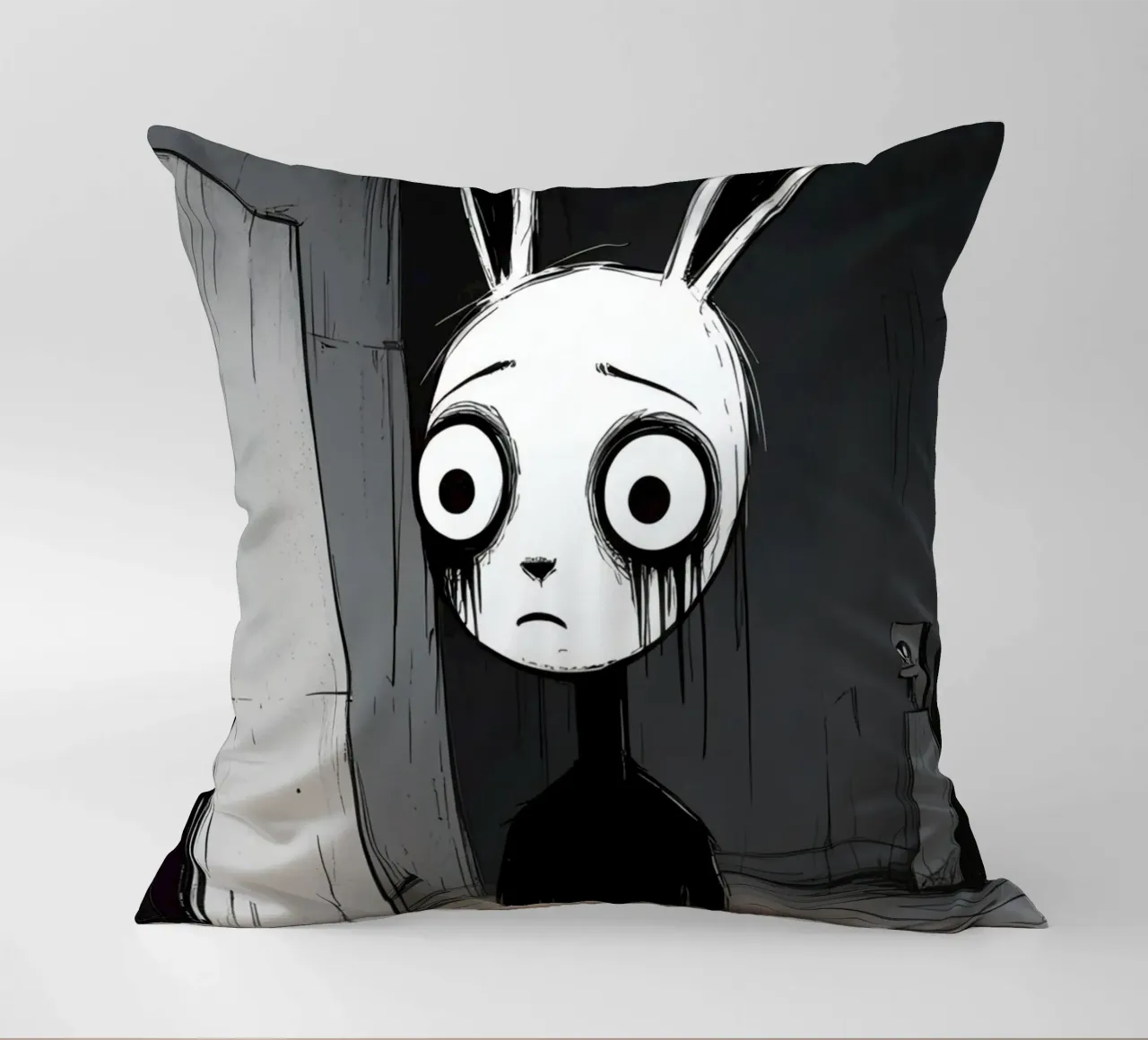 Orecchie di coniglio tristi e occhi afflitti in un ambiente buio cuscino da DesignDoodle