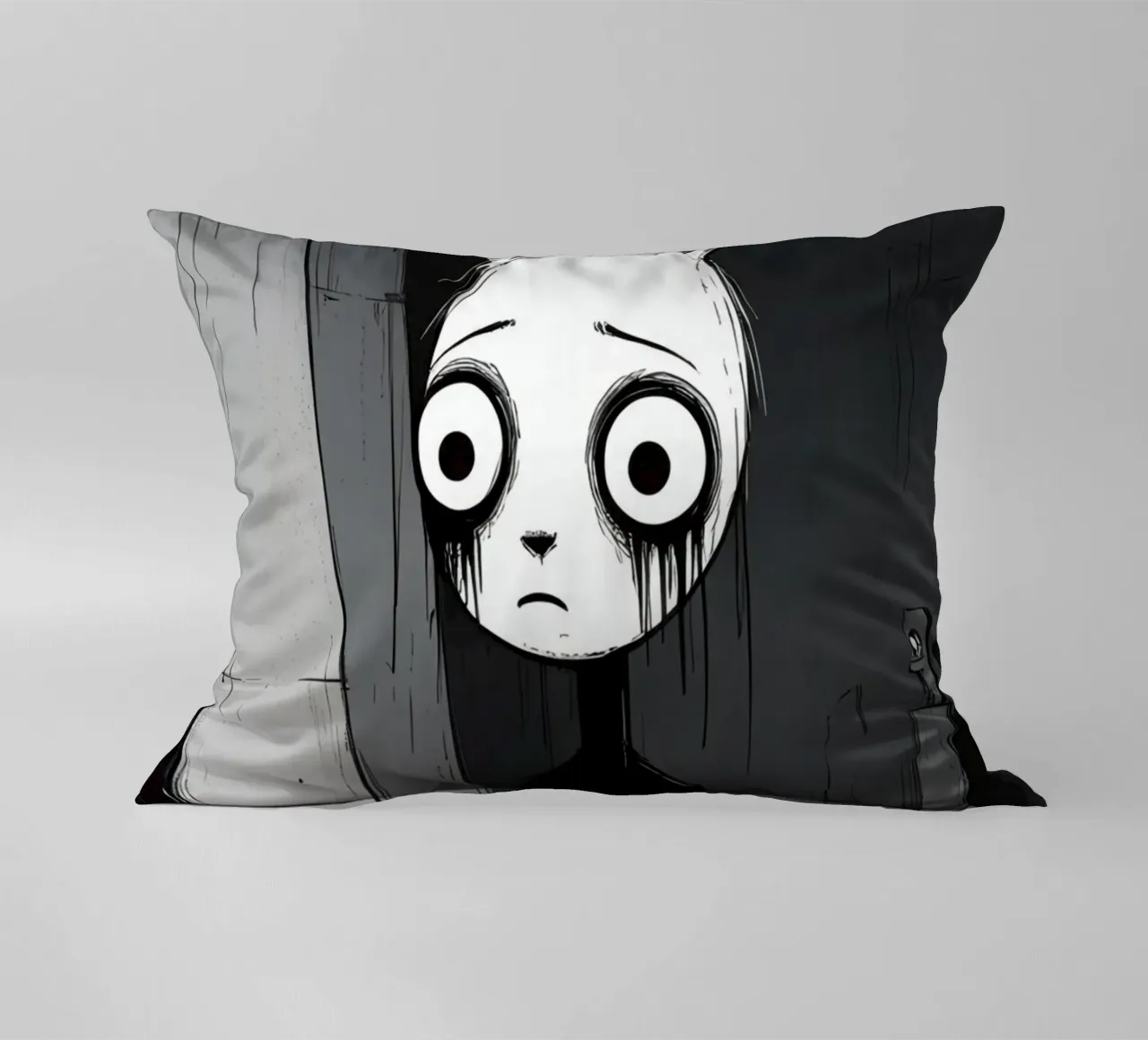 Orecchie di coniglio tristi e occhi afflitti in un ambiente buio cuscino da DesignDoodle