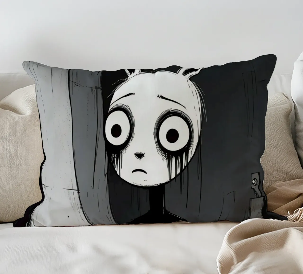 Orecchie di coniglio tristi e occhi afflitti in un ambiente buio cuscino da DesignDoodle