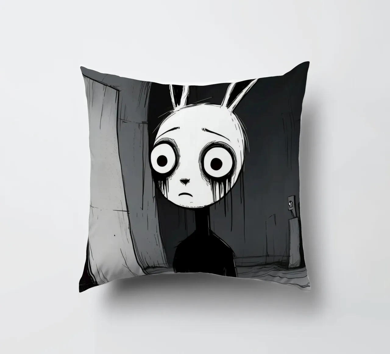 Orecchie di coniglio tristi e occhi afflitti in un ambiente buio cuscino da DesignDoodle