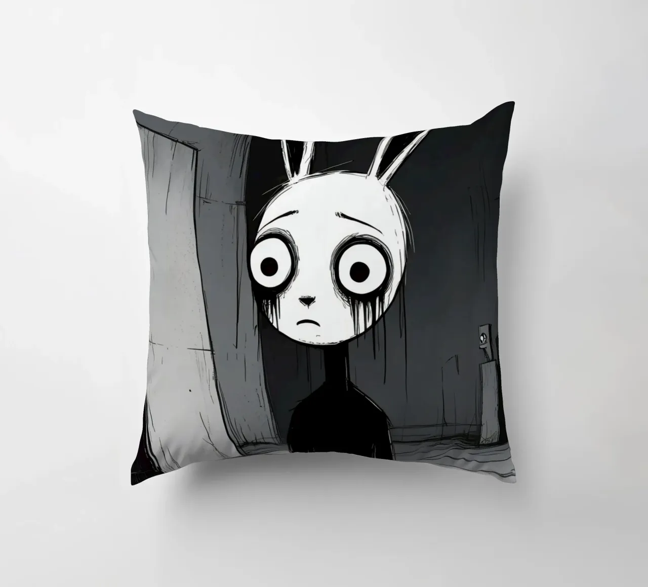 Orecchie di coniglio tristi e occhi afflitti in un ambiente buio cuscino da DesignDoodle