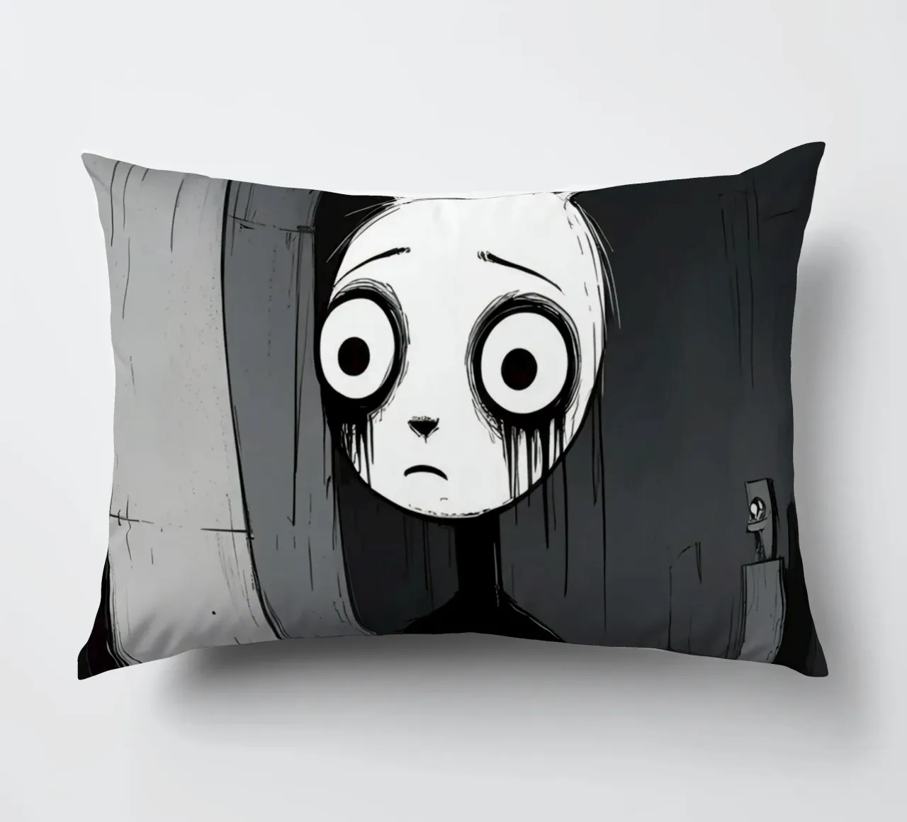 Orecchie di coniglio tristi e occhi afflitti in un ambiente buio cuscino da DesignDoodle