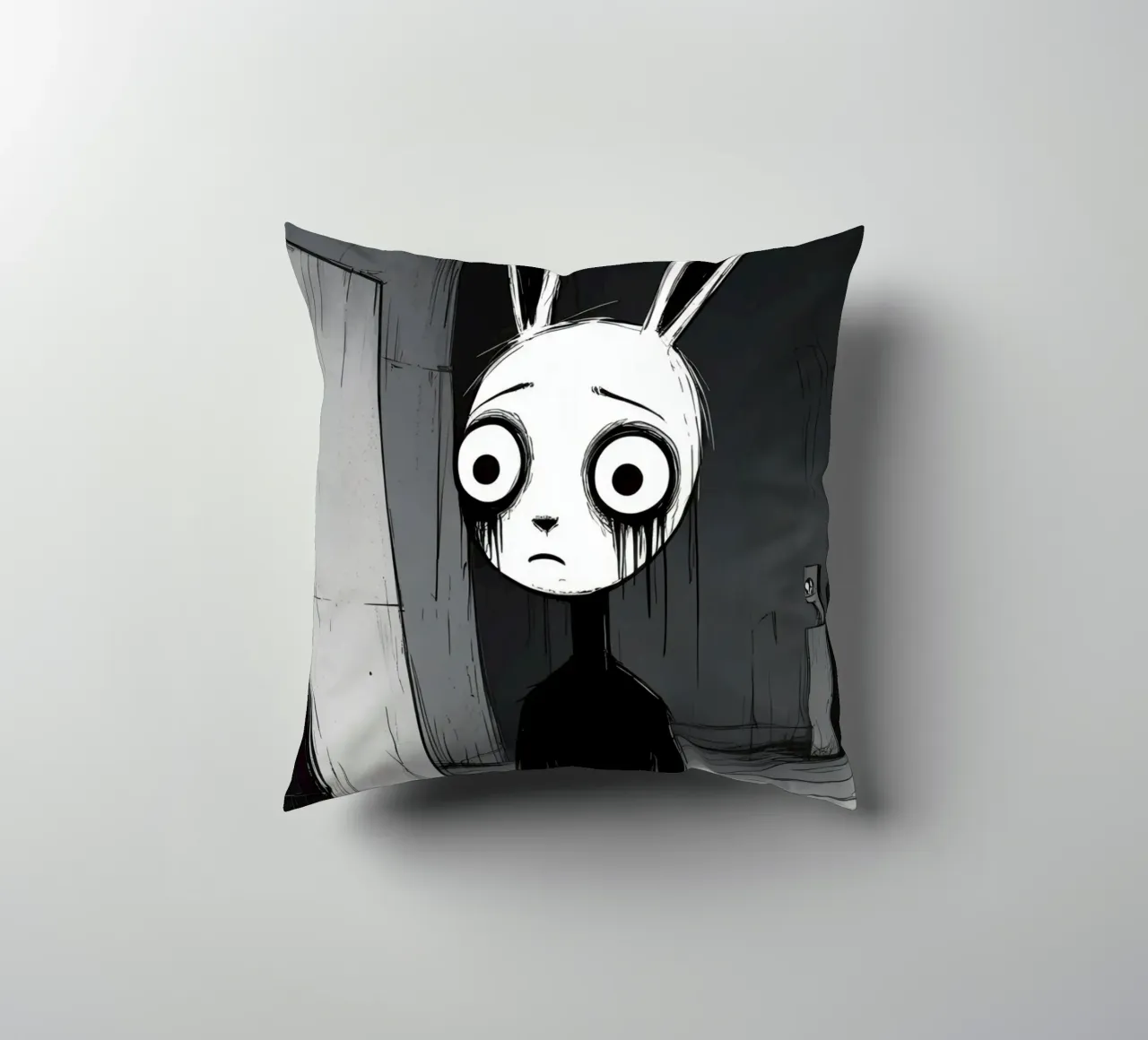 Orecchie di coniglio tristi e occhi afflitti in un ambiente buio cuscino da DesignDoodle