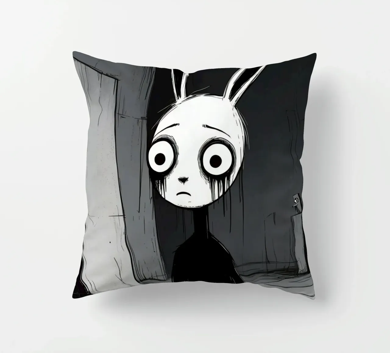 Orecchie di coniglio tristi e occhi afflitti in un ambiente buio cuscino da DesignDoodle