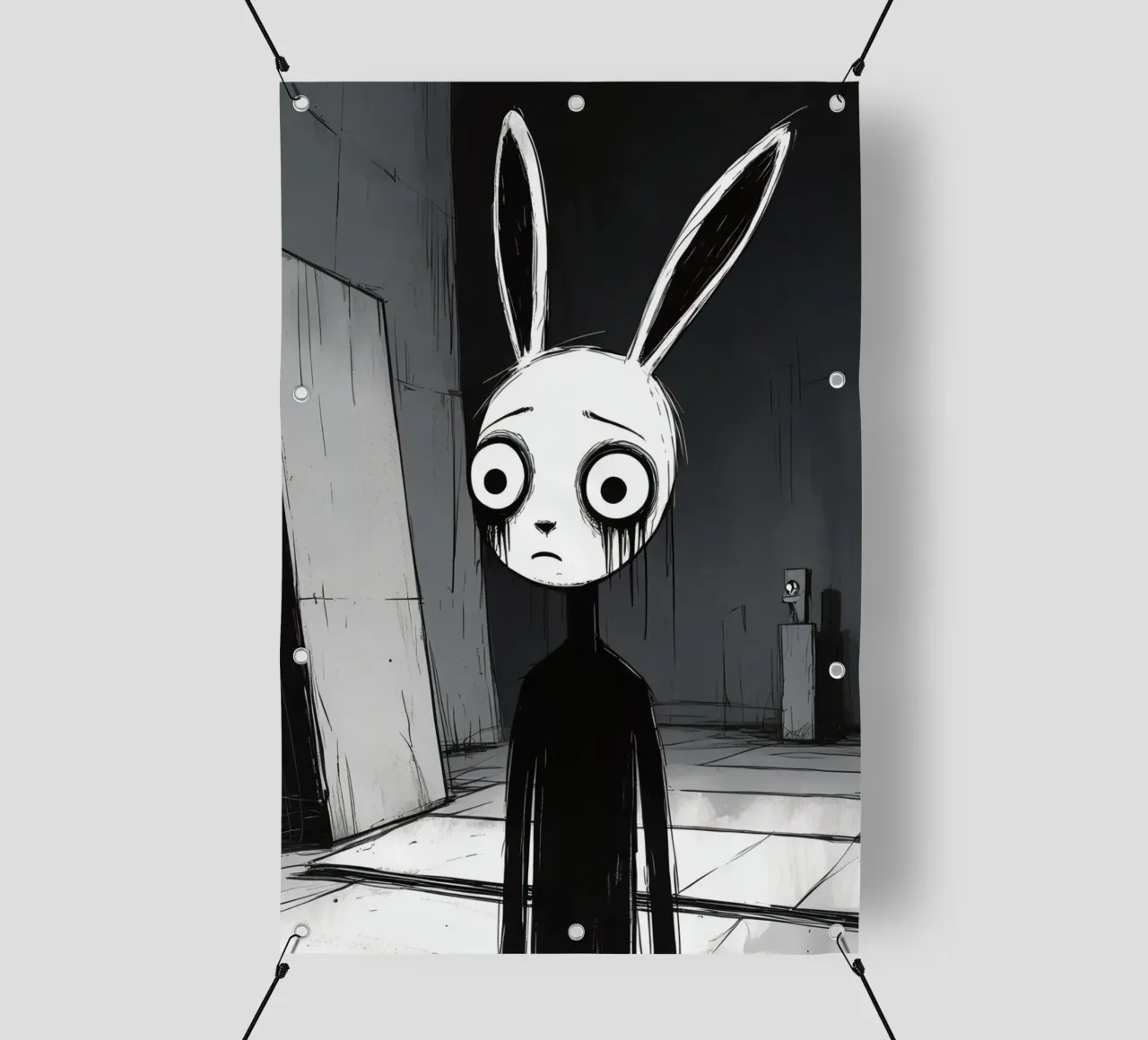 Orecchie di coniglio tristi e occhi afflitti in un ambiente buio telo in pvc da DesignDoodle