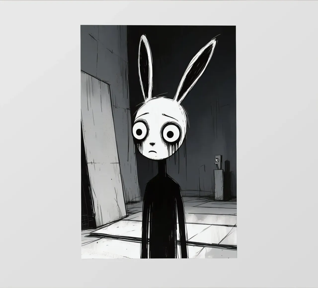 Orecchie di coniglio tristi e occhi afflitti in un ambiente buio telo in pvc da DesignDoodle