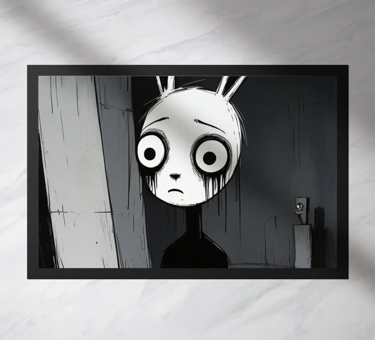 Orecchie di coniglio tristi e occhi afflitti in un ambiente buio zerbino da DesignDoodle