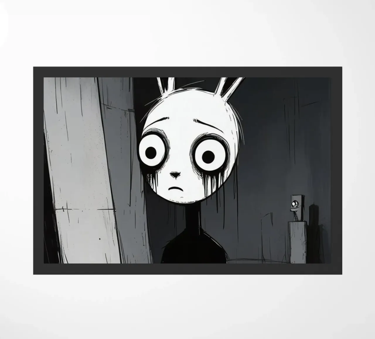 Orecchie di coniglio tristi e occhi afflitti in un ambiente buio zerbino da DesignDoodle