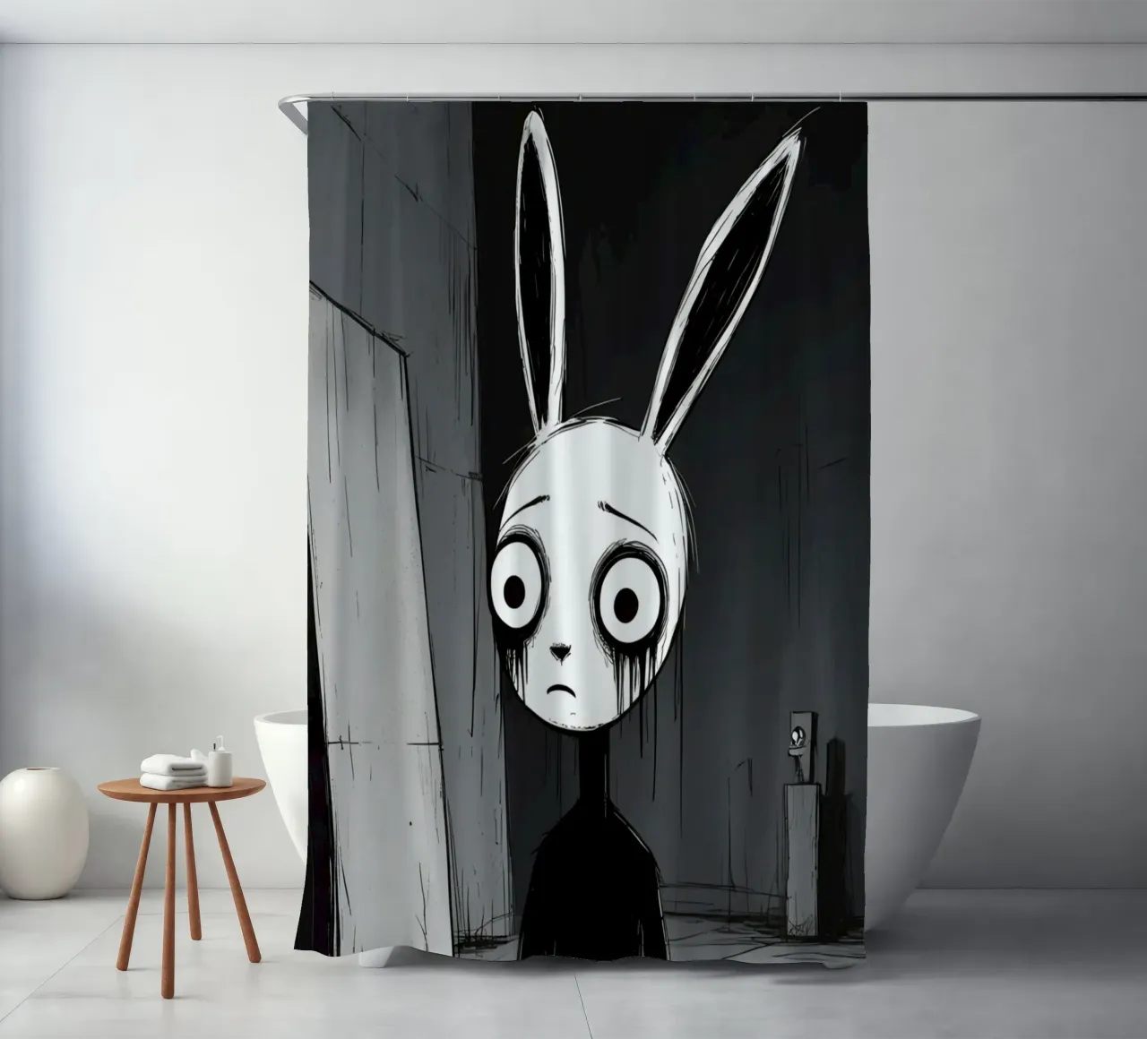 Orecchie di coniglio tristi e occhi afflitti in un ambiente buio tenda da doccia da DesignDoodle