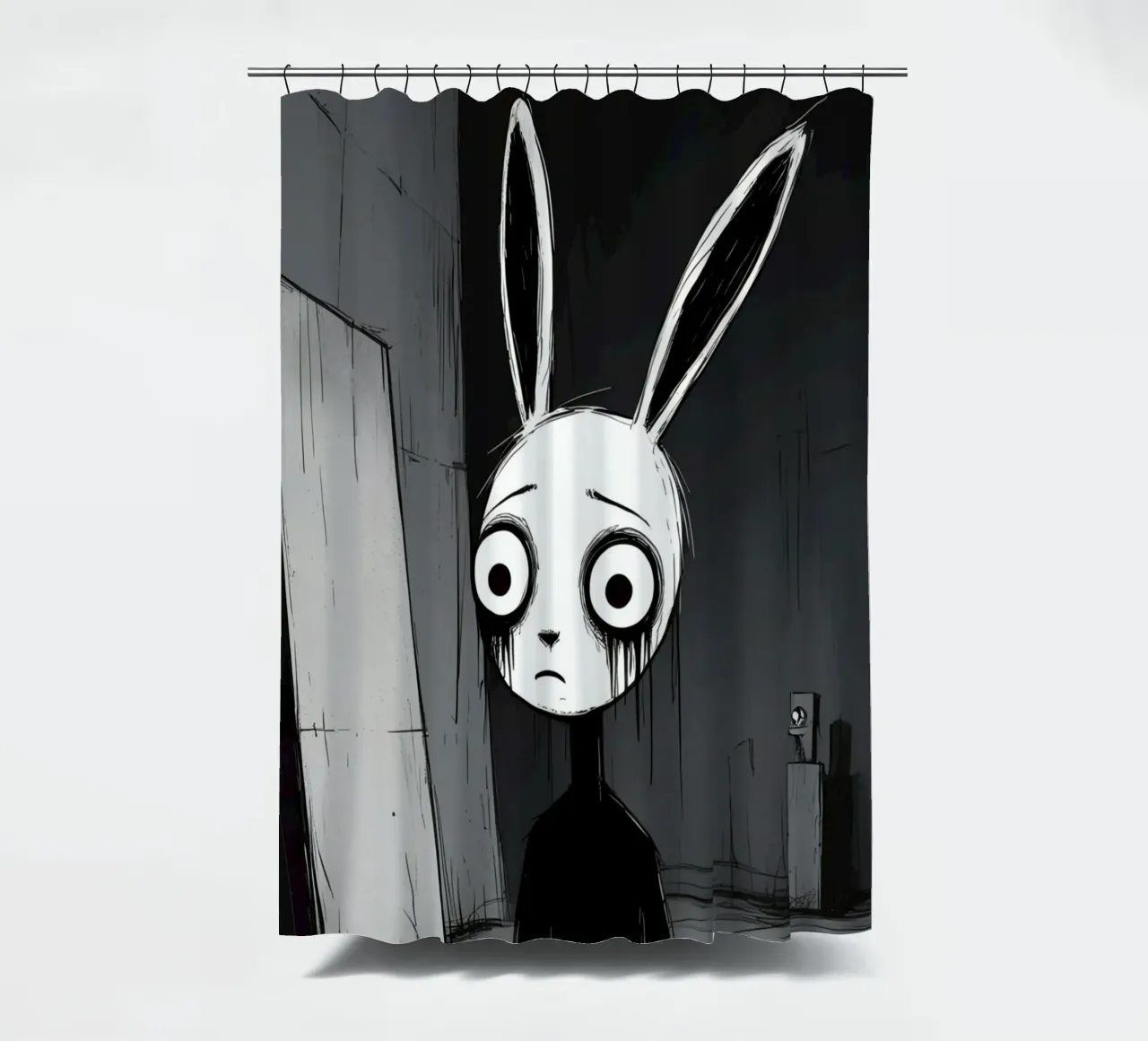 Orecchie di coniglio tristi e occhi afflitti in un ambiente buio tenda da doccia da DesignDoodle