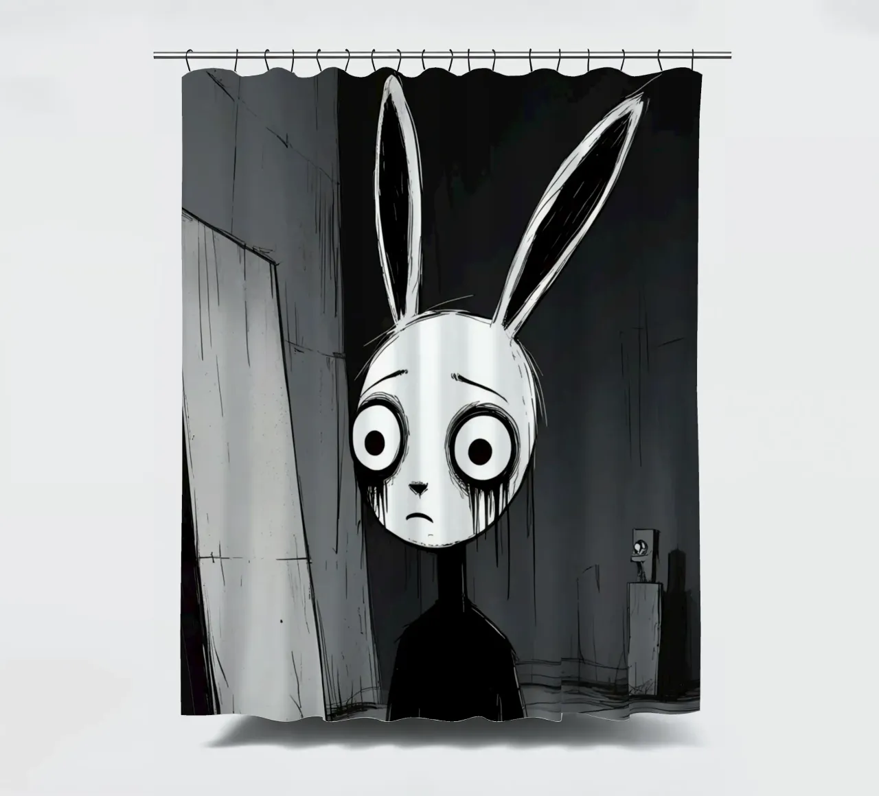 Orecchie di coniglio tristi e occhi afflitti in un ambiente buio tenda da doccia da DesignDoodle