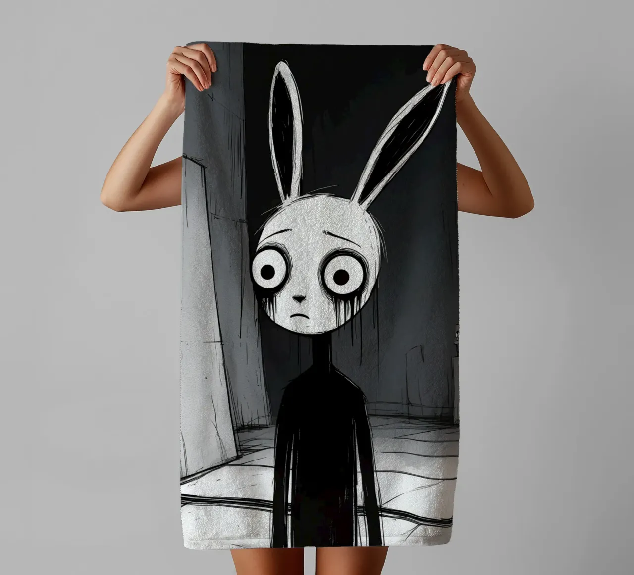 Orecchie di coniglio tristi e occhi afflitti in un ambiente buio asciugamano da bagno da DesignDoodle