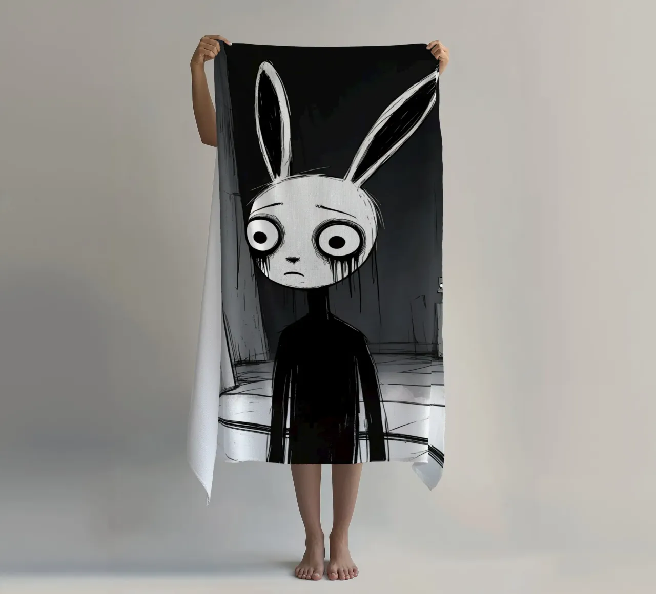 Orecchie di coniglio tristi e occhi afflitti in un ambiente buio telo mare da DesignDoodle
