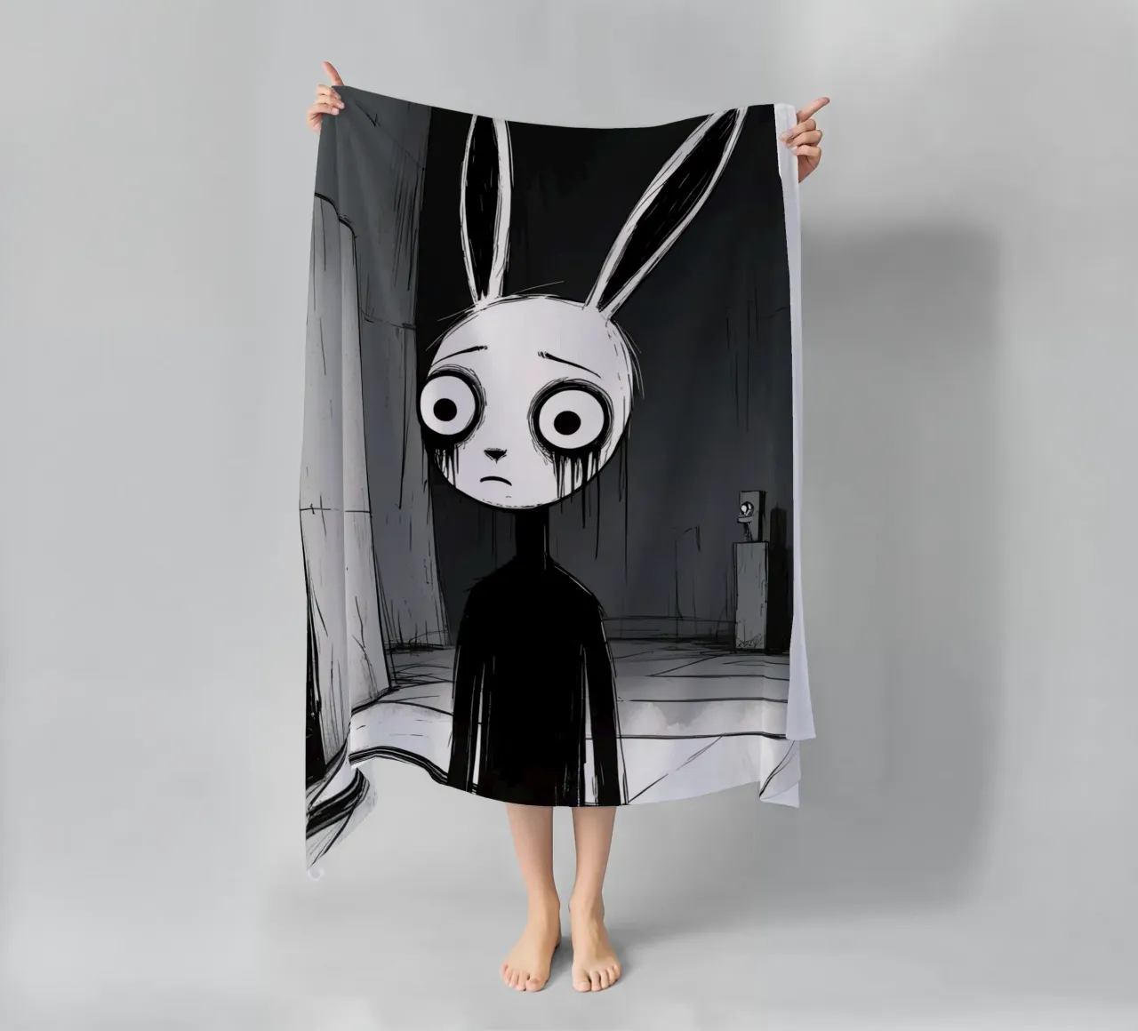 Orecchie di coniglio tristi e occhi afflitti in un ambiente buio telo mare da DesignDoodle