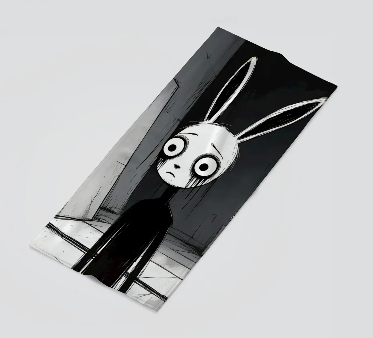 Orecchie di coniglio tristi e occhi afflitti in un ambiente buio telo mare da DesignDoodle