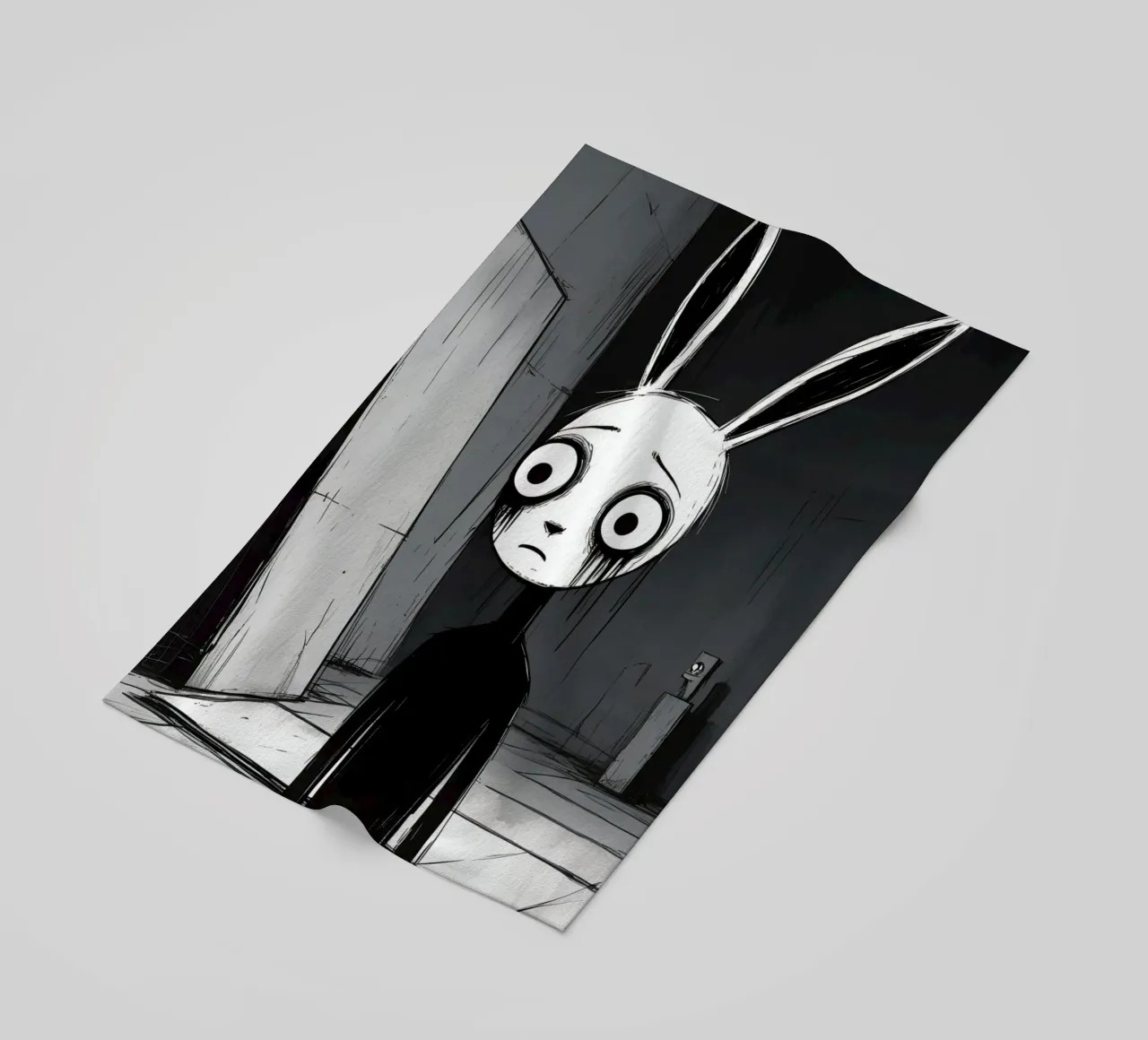 Orecchie di coniglio tristi e occhi afflitti in un ambiente buio telo mare da DesignDoodle