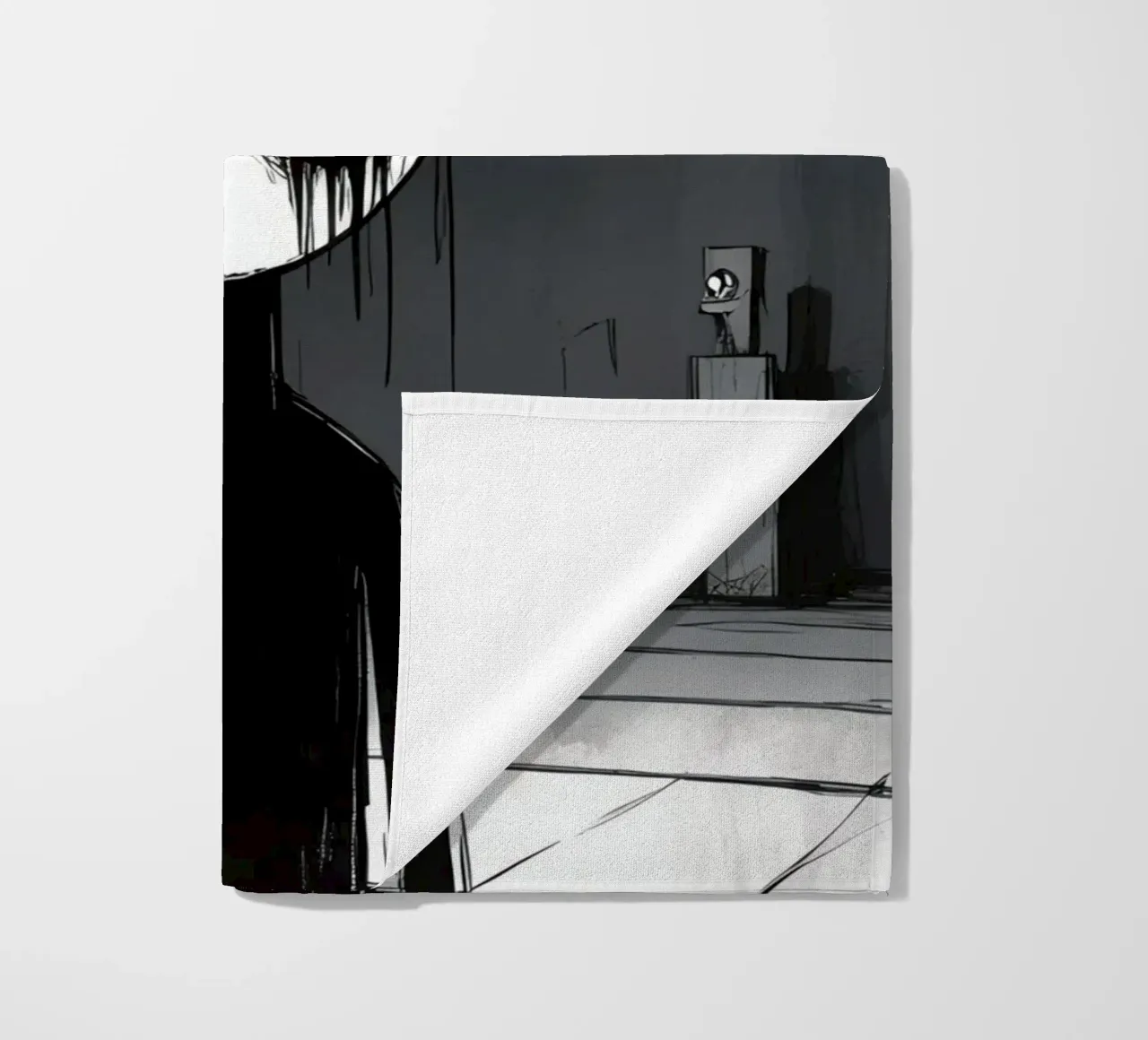 Orecchie di coniglio tristi e occhi afflitti in un ambiente buio telo mare da DesignDoodle