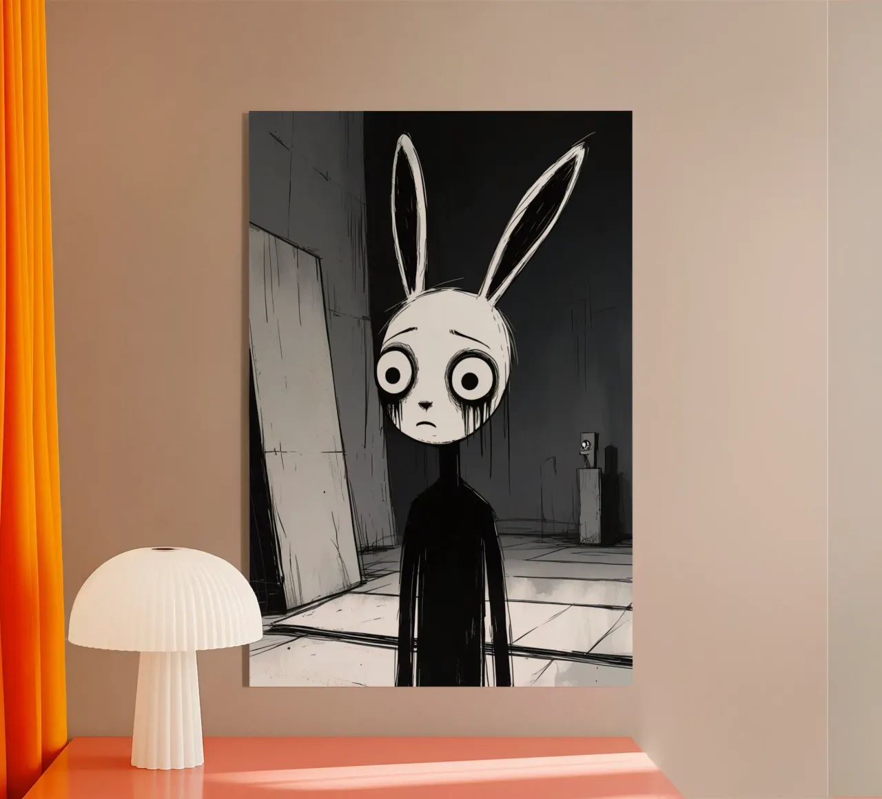 Orecchie di coniglio tristi e occhi afflitti in un ambiente buio plexiglass da DesignDoodle