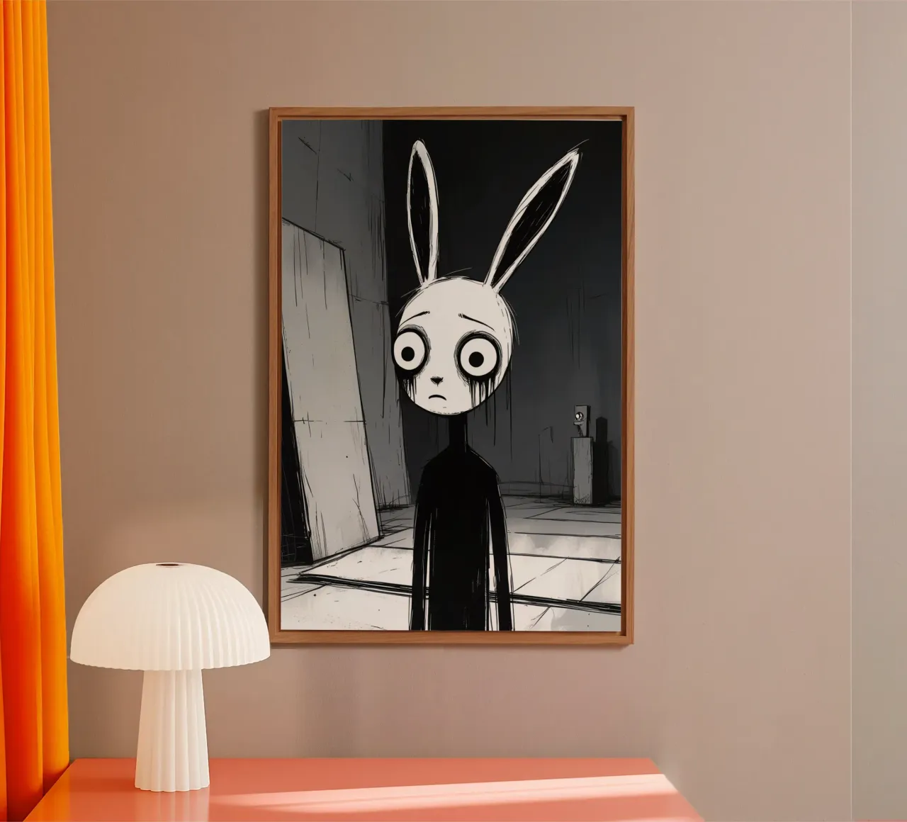 Orecchie di coniglio tristi e occhi afflitti in un ambiente buio alluminio dibond da DesignDoodle