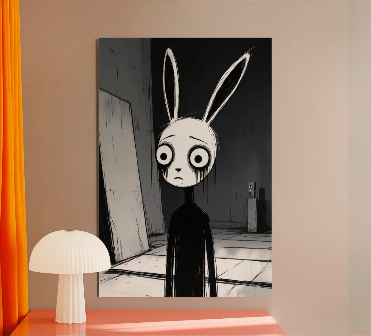 Orecchie di coniglio tristi e occhi afflitti in un ambiente buio alluminio dibond da DesignDoodle