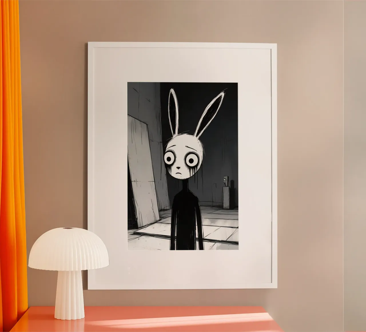 Orecchie di coniglio tristi e occhi afflitti in un ambiente buio carta hahnemühle da DesignDoodle