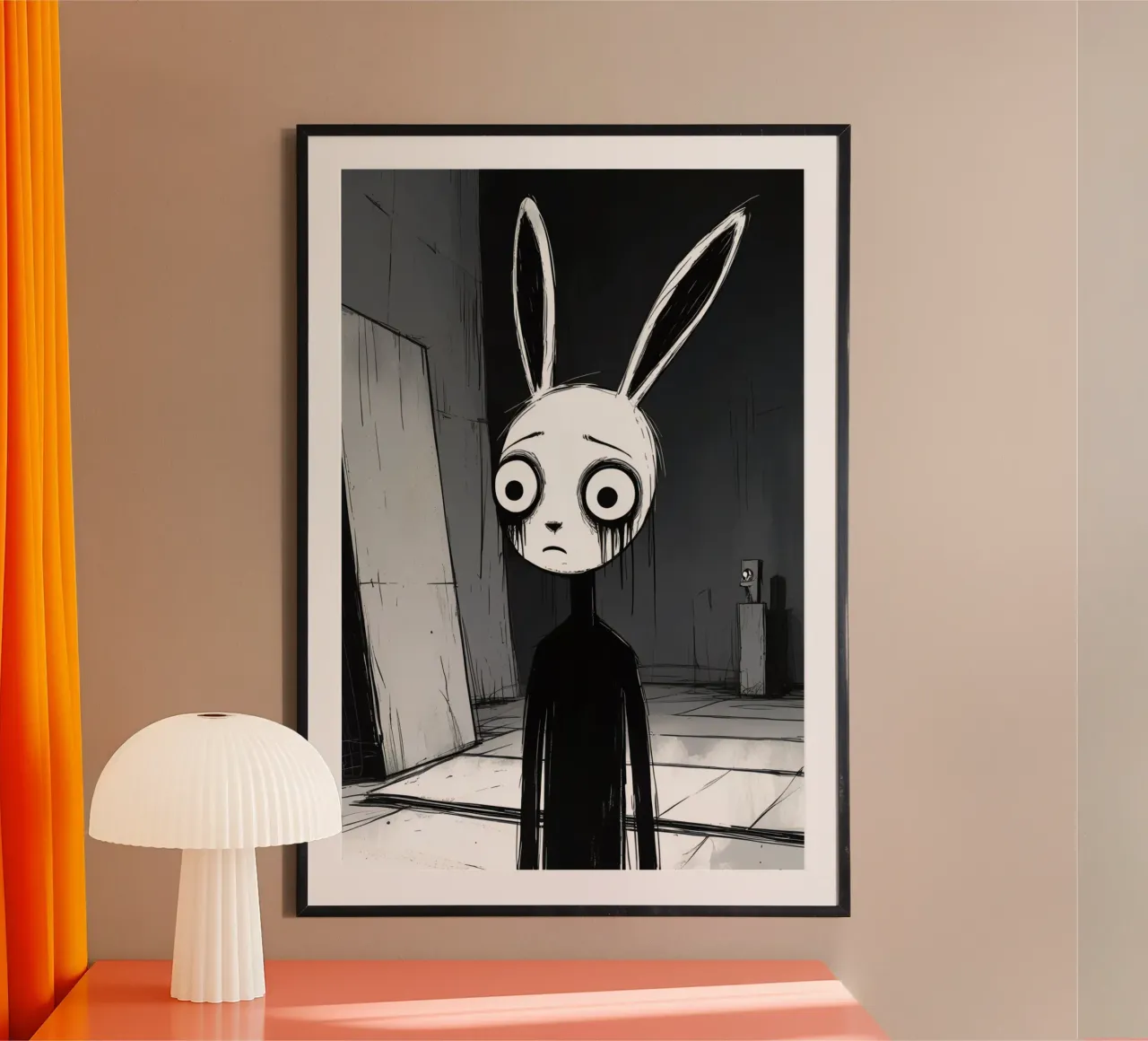 Orecchie di coniglio tristi e occhi afflitti in un ambiente buio carta hahnemühle da DesignDoodle