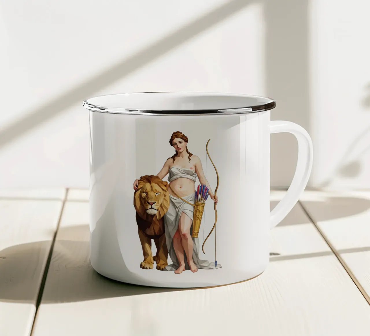 La dea Diana e un leone tazza in smalto da Low Profile