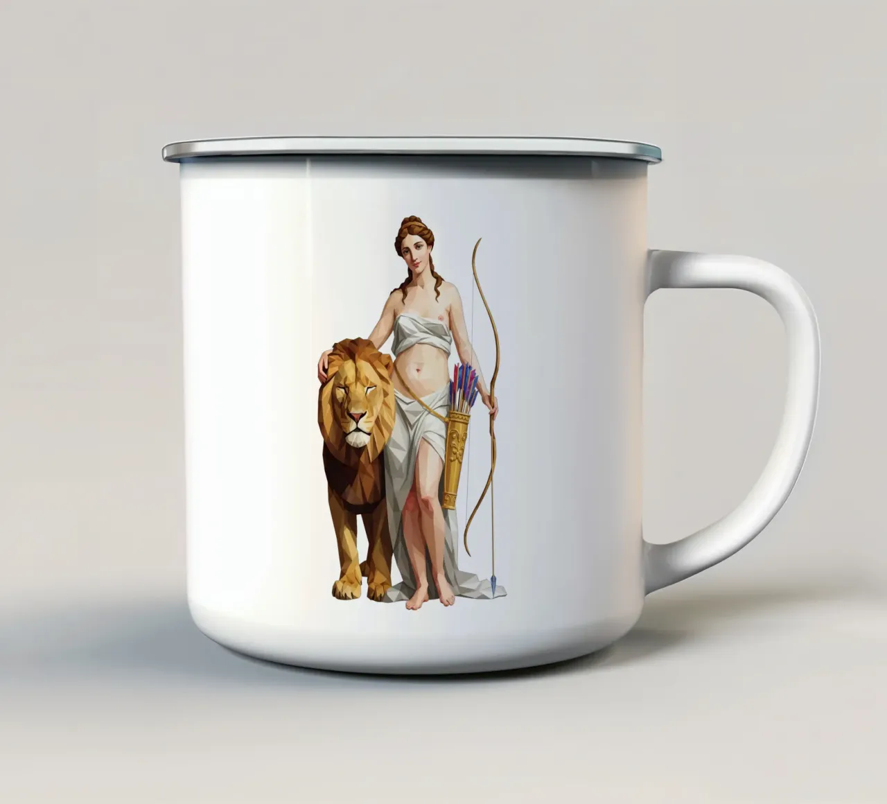 La dea Diana e un leone tazza in smalto da Low Profile