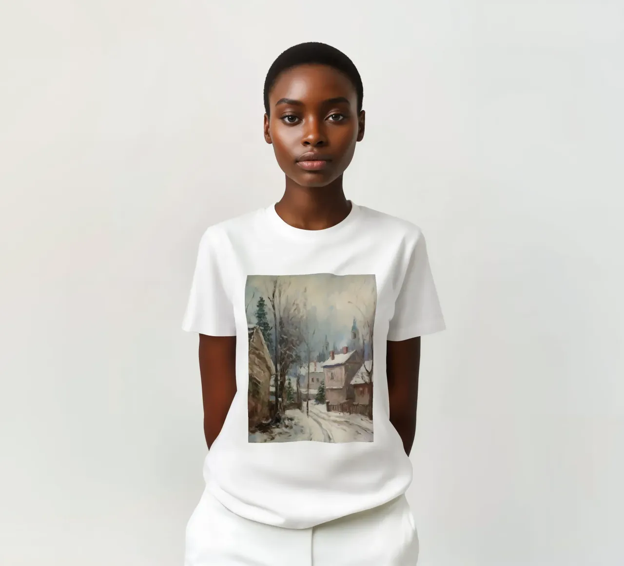 Mattine d'inverno in paese: strade tranquille e guglie della chiesa t-shirt da Cozy Vibes