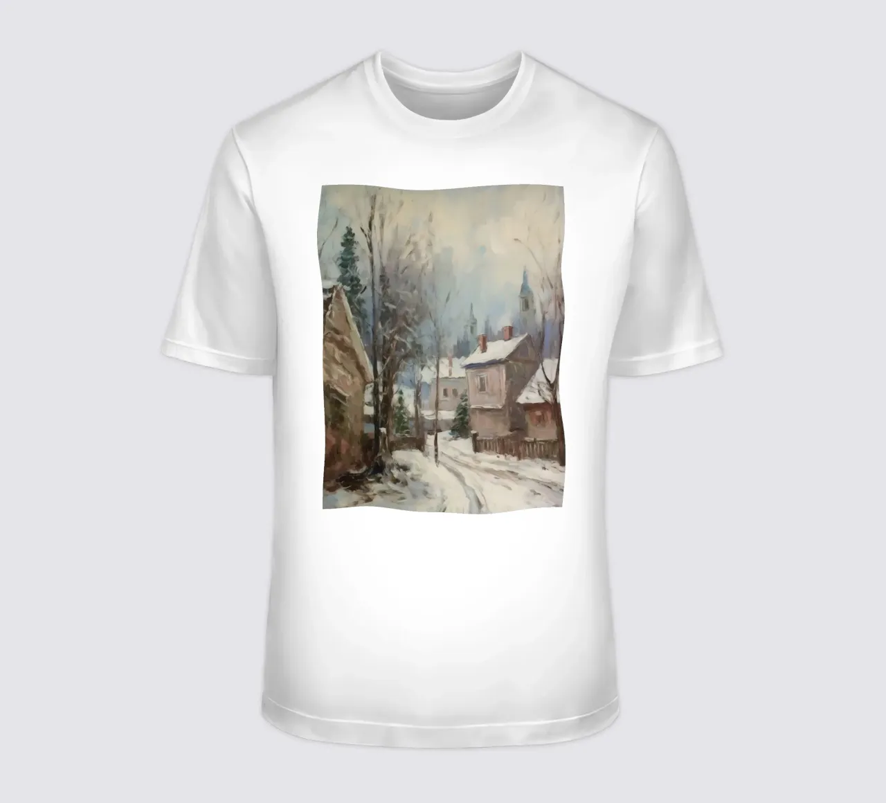 Mattine d'inverno in paese: strade tranquille e guglie della chiesa t-shirt da Cozy Vibes