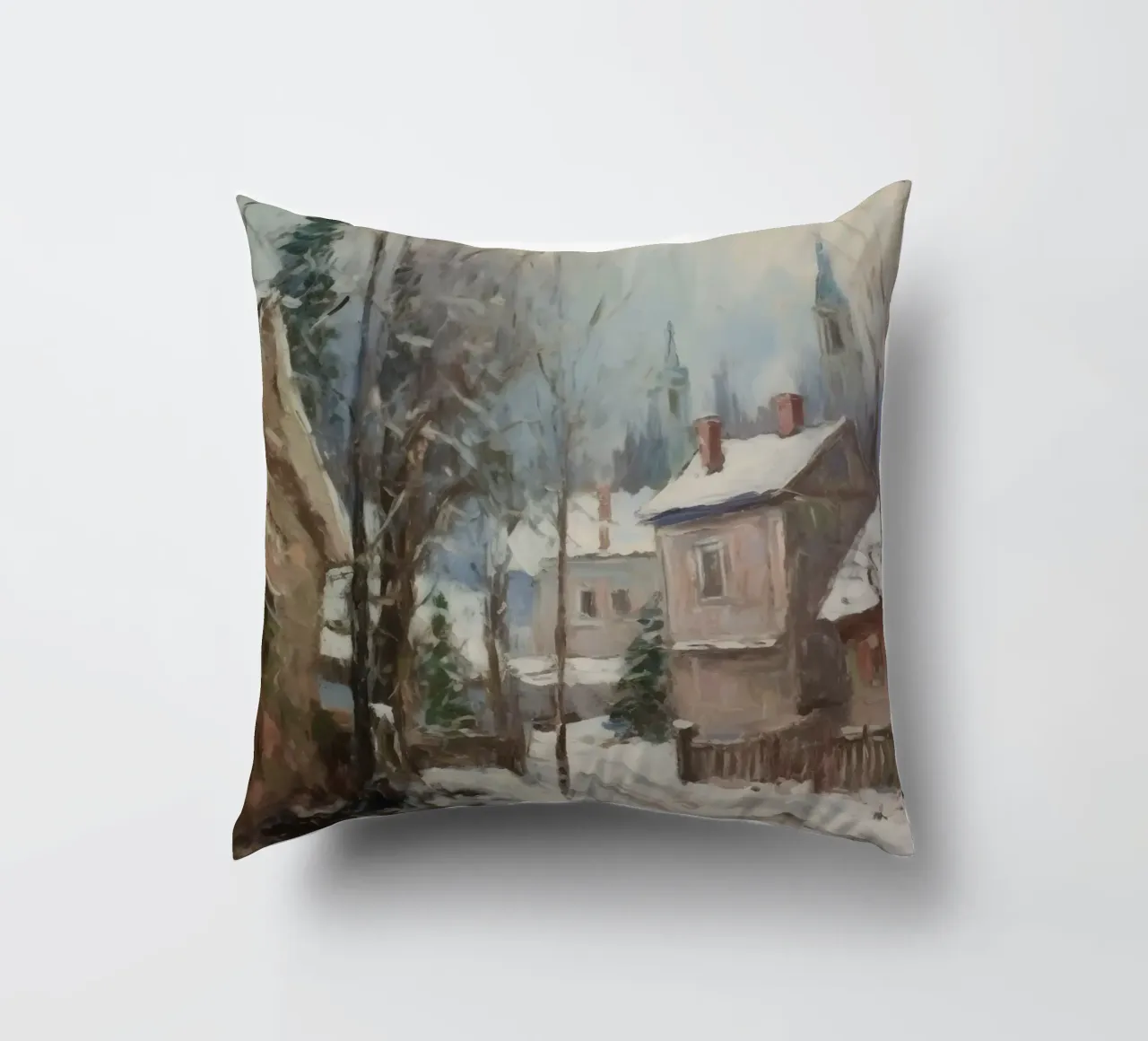 Mattine d'inverno in paese: strade tranquille e guglie della chiesa cuscino da Cozy Vibes