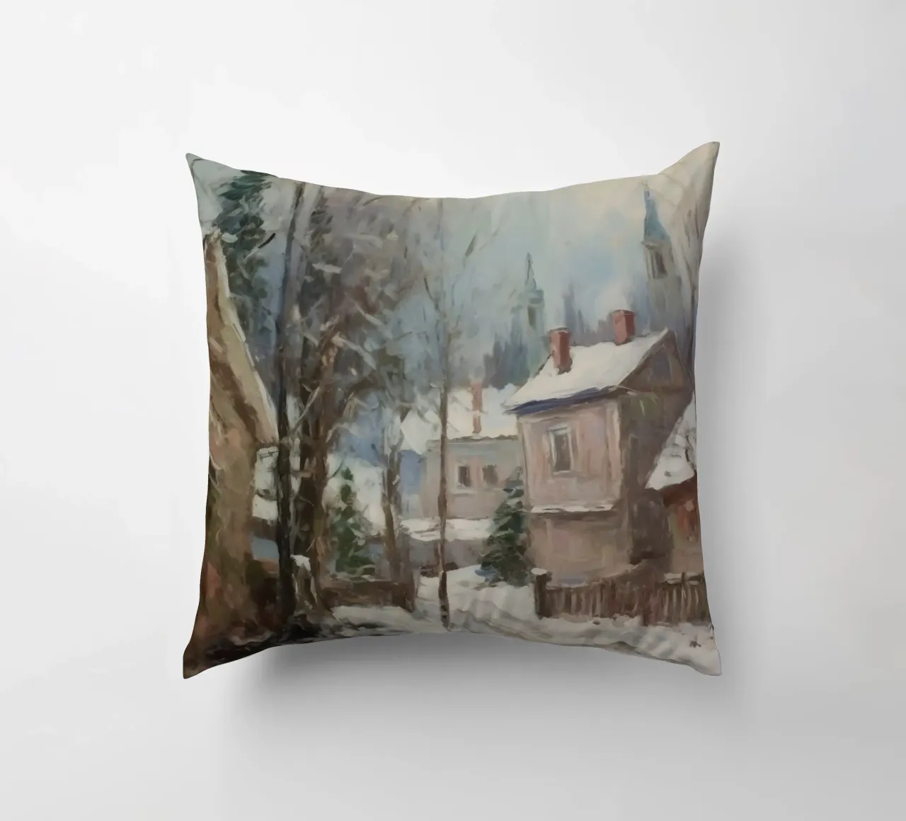 Mattine d'inverno in paese: strade tranquille e guglie della chiesa cuscino da Cozy Vibes