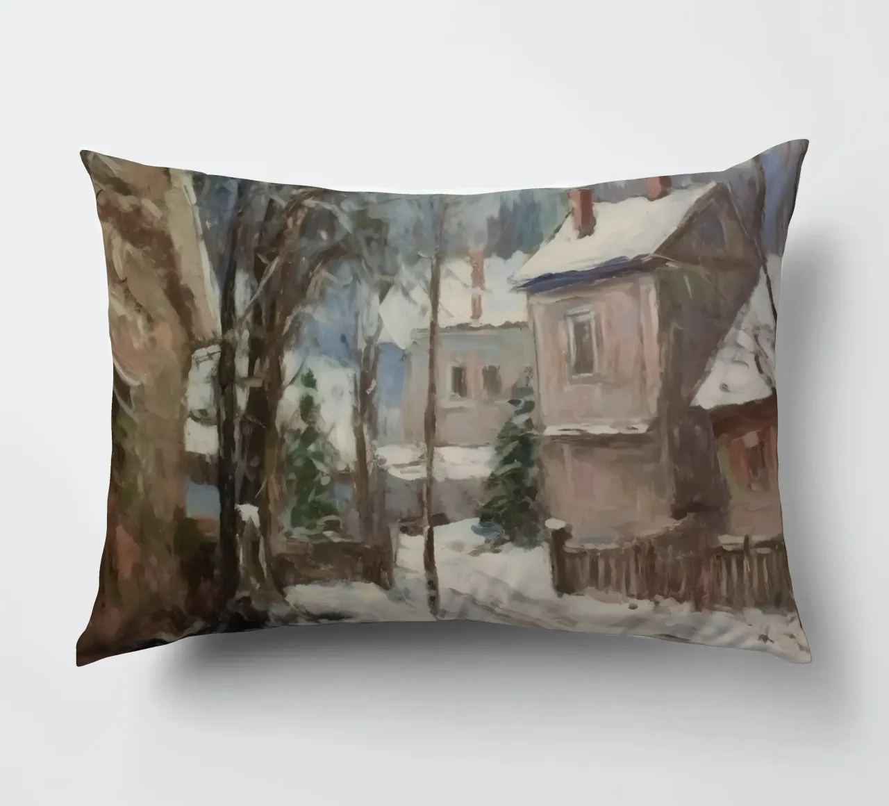 Mattine d'inverno in paese: strade tranquille e guglie della chiesa cuscino da Cozy Vibes