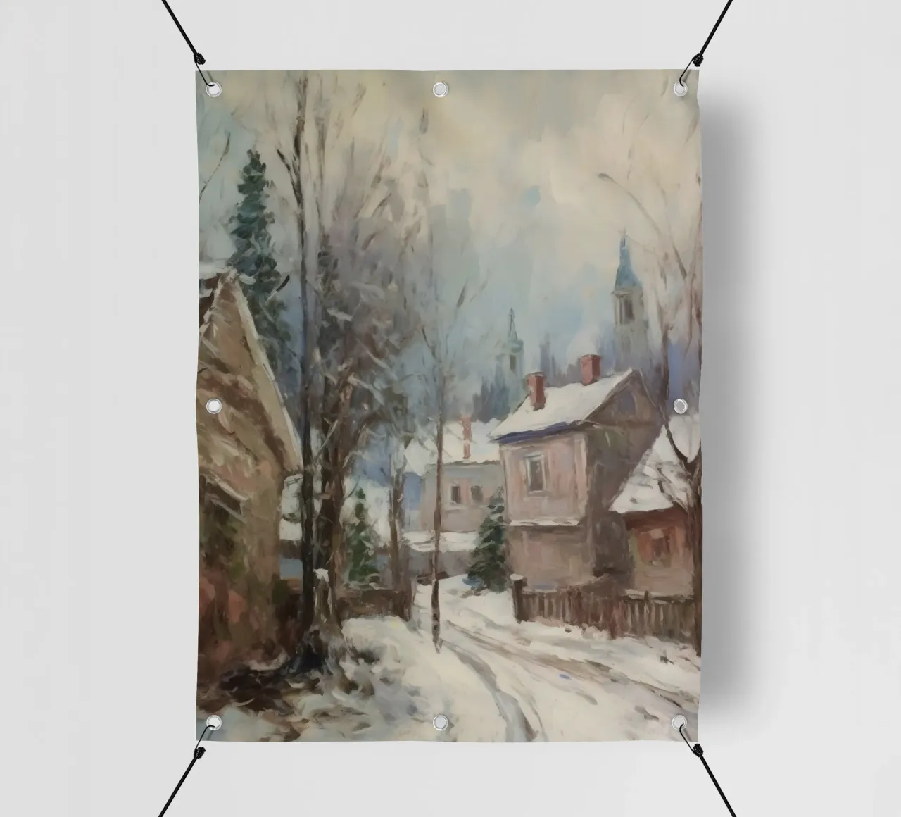 Mattine d'inverno in paese: strade tranquille e guglie della chiesa telo in pvc da Cozy Vibes