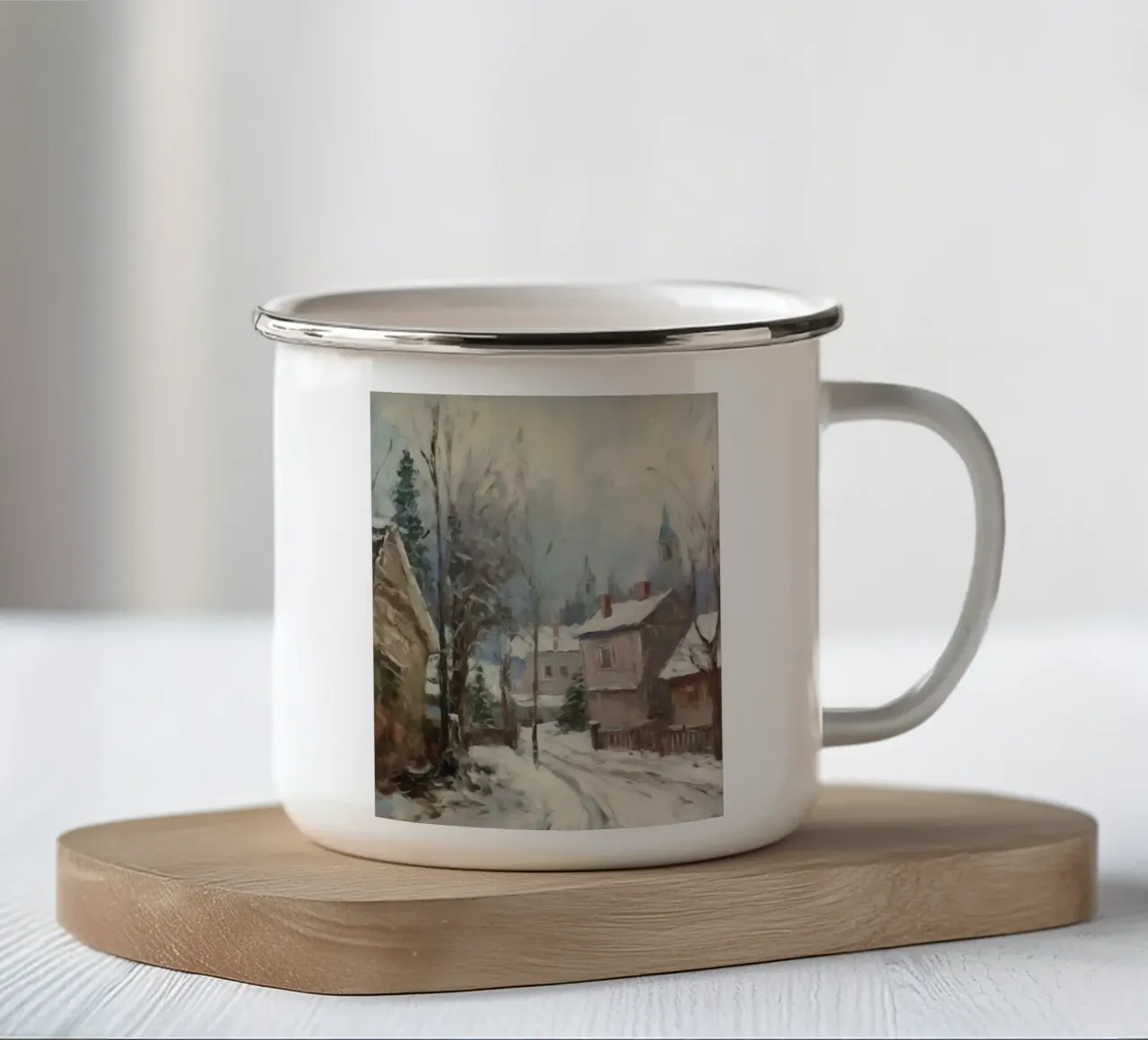 Mattine d'inverno in paese: strade tranquille e guglie della chiesa tazza in smalto da Cozy Vibes