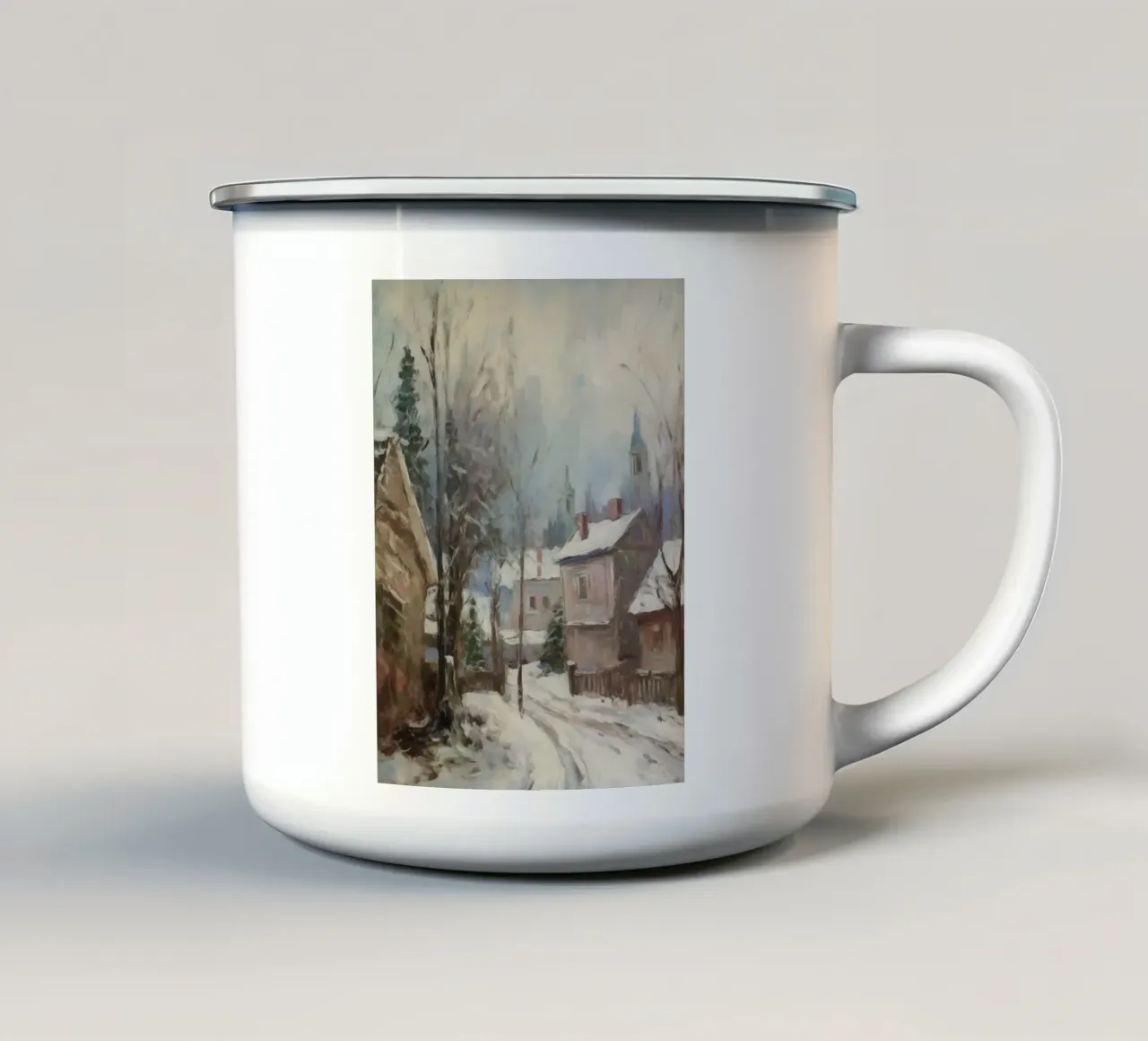 Mattine d'inverno in paese: strade tranquille e guglie della chiesa tazza in smalto da Cozy Vibes