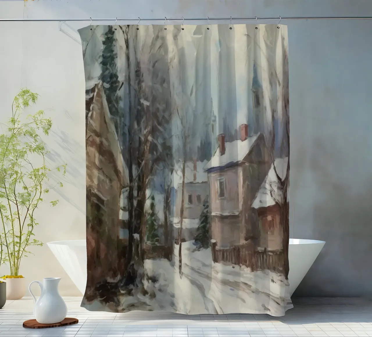 Mattine d'inverno in paese: strade tranquille e guglie della chiesa tenda da doccia da Cozy Vibes