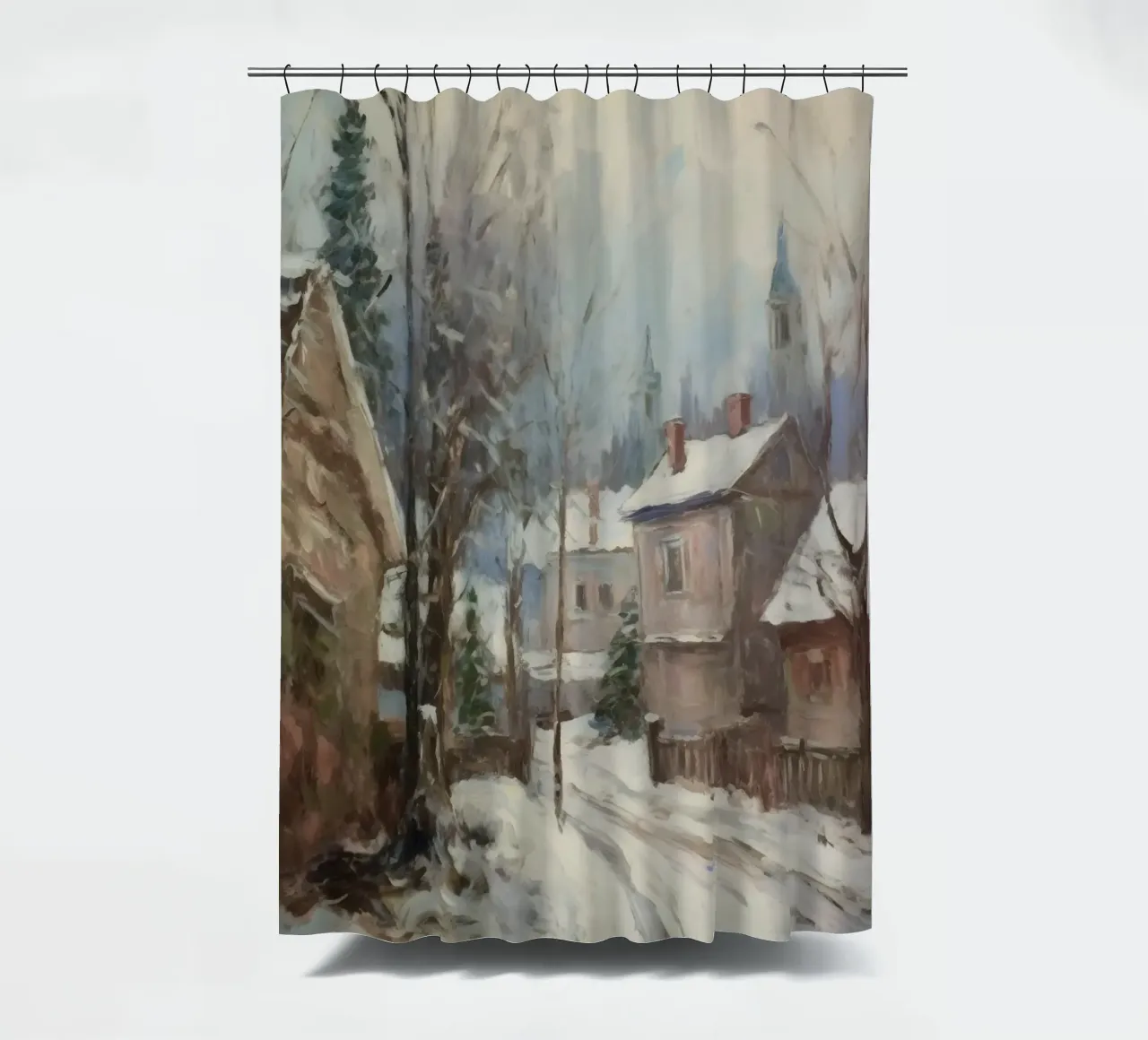 Mattine d'inverno in paese: strade tranquille e guglie della chiesa tenda da doccia da Cozy Vibes