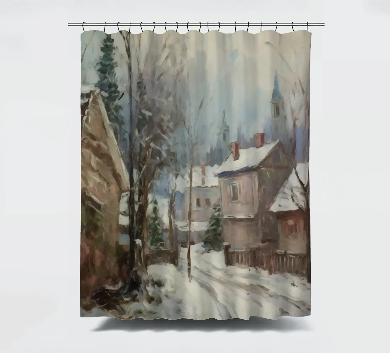 Mattine d'inverno in paese: strade tranquille e guglie della chiesa tenda da doccia da Cozy Vibes
