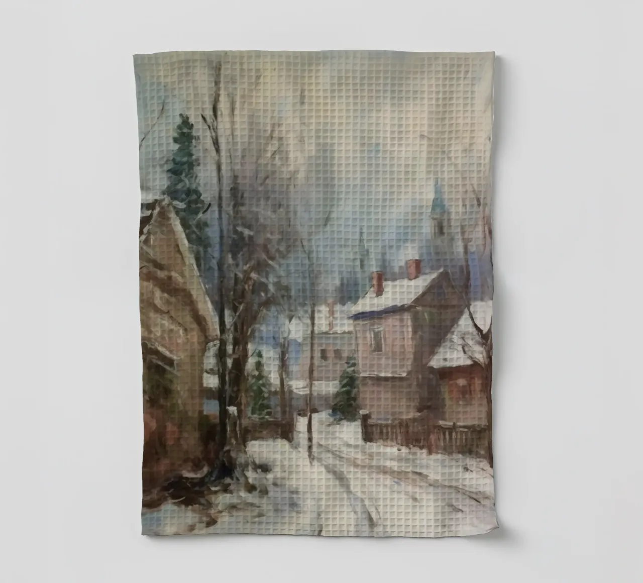 Mattine d'inverno in paese: strade tranquille e guglie della chiesa canovaccio da cucina da Cozy Vibes