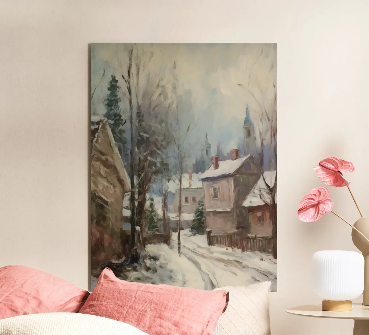 Mattine d'inverno in paese: strade tranquille e guglie della chiesa alluminio dibond da Cozy Vibes